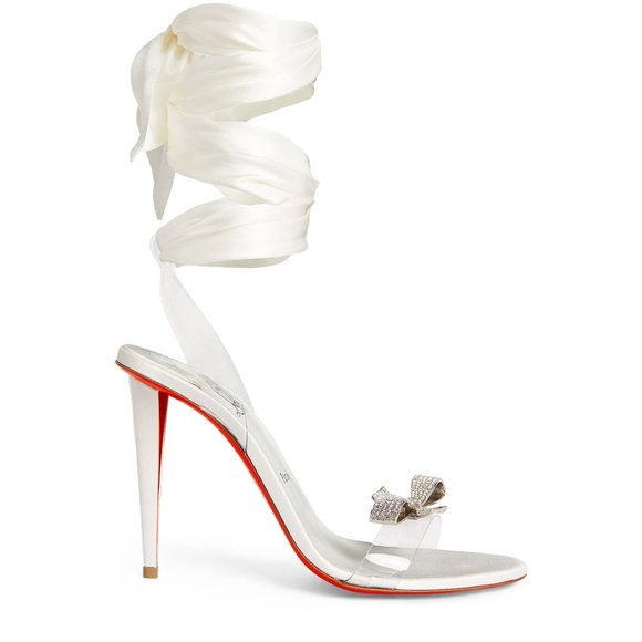 Christian Louboutin ASTRINODO Crystal Bow Silk Tie PVC Heels Sandals Shoes - Picture 3 of 16